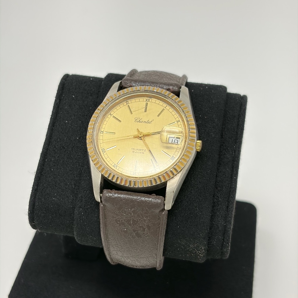 Vintage Chantel Quartz Watch Gold Dial Date Fluted Bezel Dress Watch